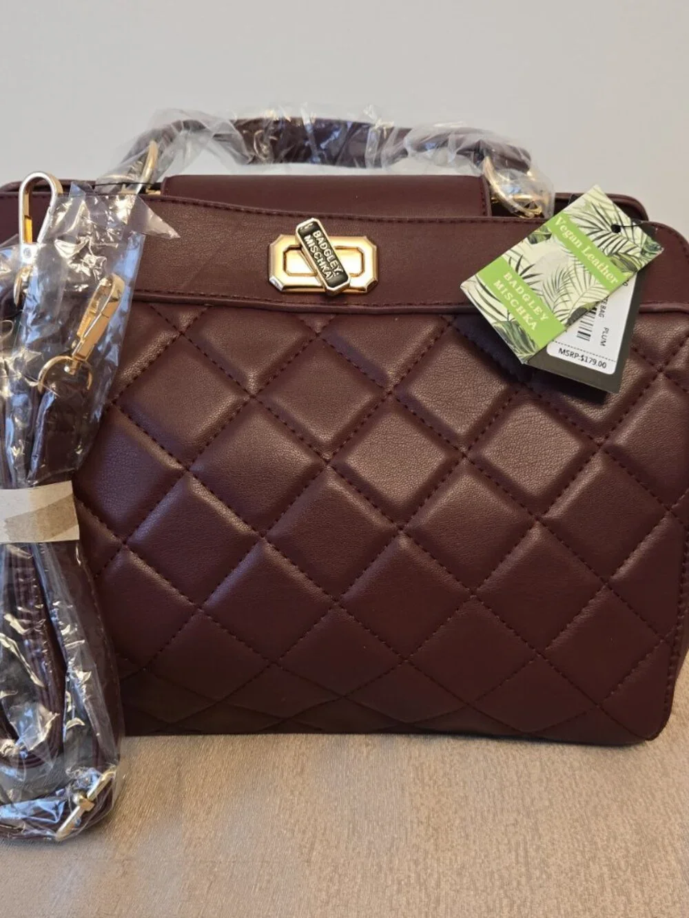 Badgley Mischka Quilted Mini Tote Bag Plum Vegan Leather NWT $179 MSRP